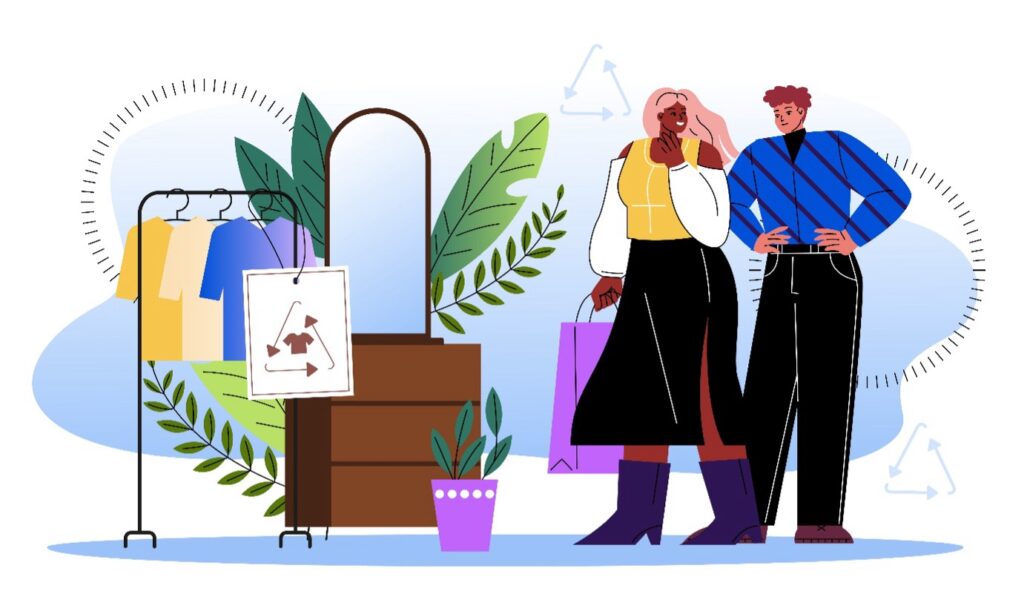 Illustration of two people standing beside clothing racks and plants, representing sustainable fashion and shopping.