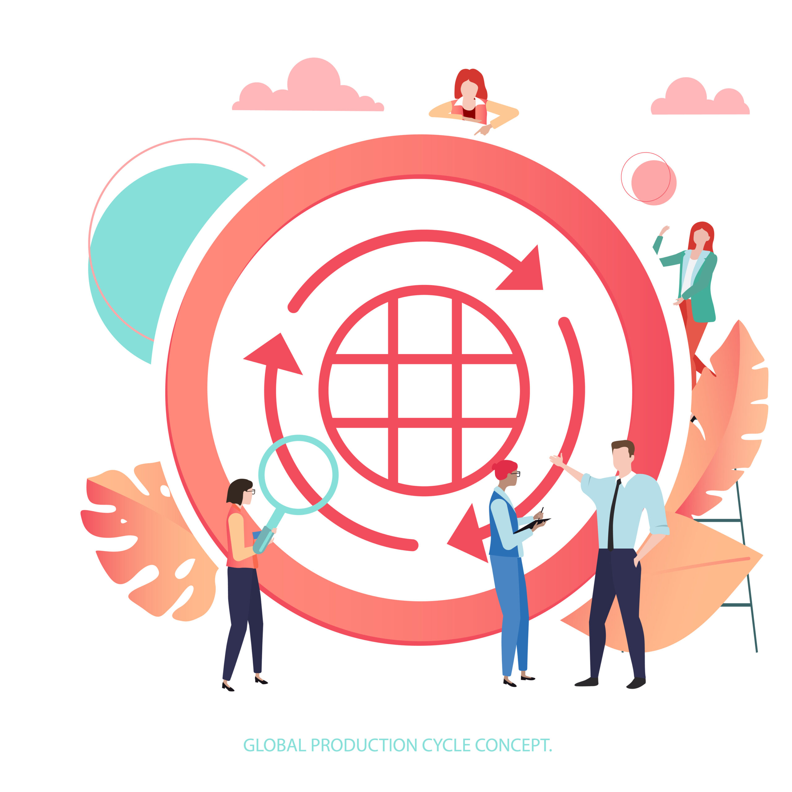 Illustration of a circular economy system with people collaborating around a global cycle.
