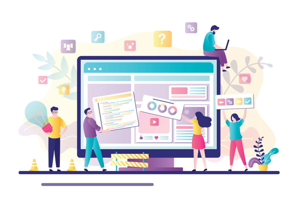 Illustration of people analysing data on a large digital screen