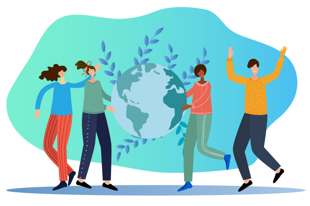 Illustration of diverse people around a globe symbolising collaboration and global sustainability impact.