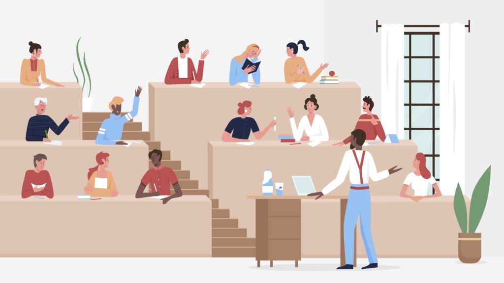 Illustration of a lecturer teaching students in a classroom