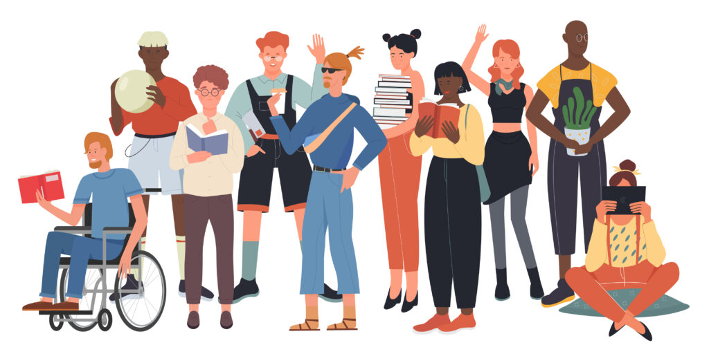 Illustration of a diverse group of people reading books and engaging with information, representing research and publications.