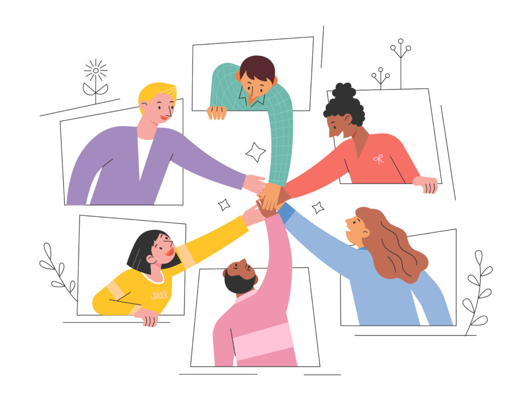 Illustration of diverse people collaborating and joining hands