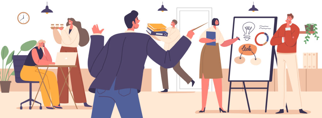 Illustration of a diverse group of people collaborating in a workspace, with a presentation board and creative materials, representing a community of researchers and practitioners.