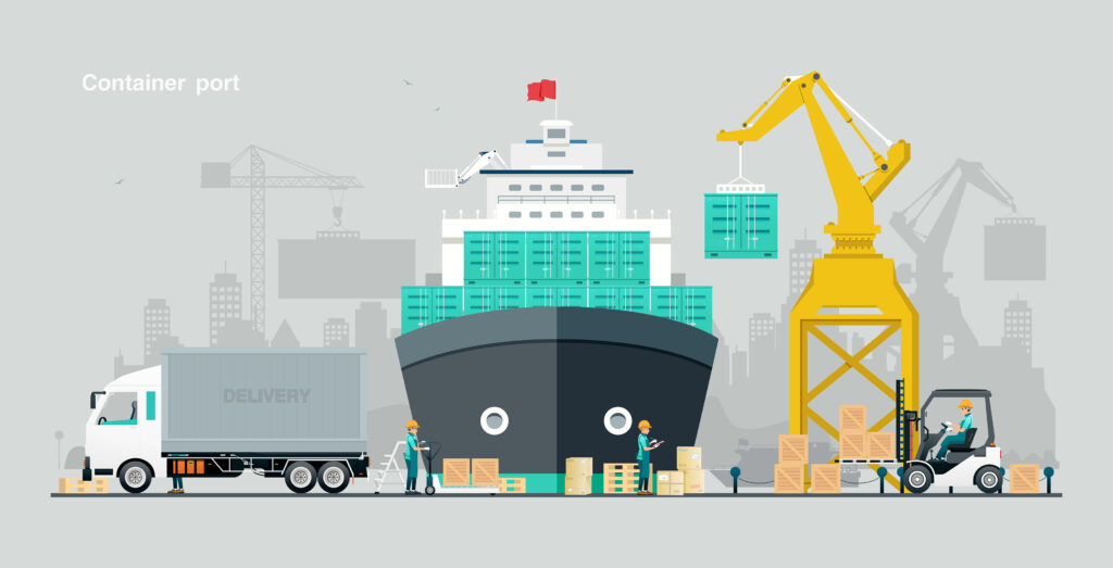 Illustration of a port with cargo ship, crane, and transport vehicles