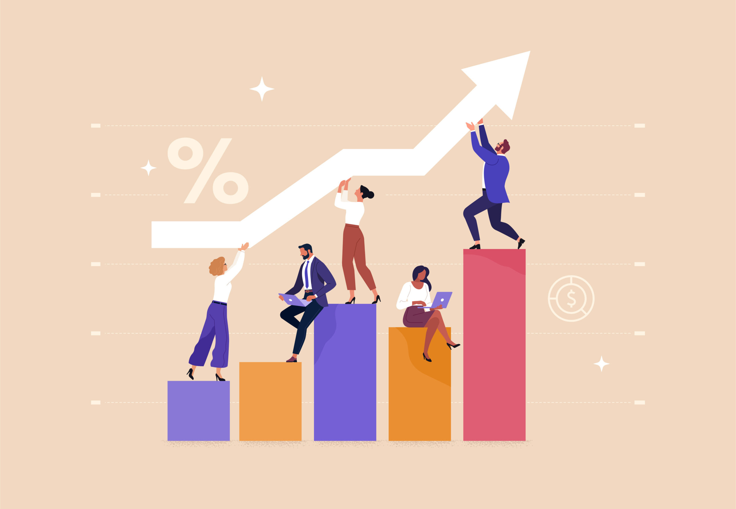 Illustration of people standing on rising bar charts, symbolising growth, investment, and funding support.