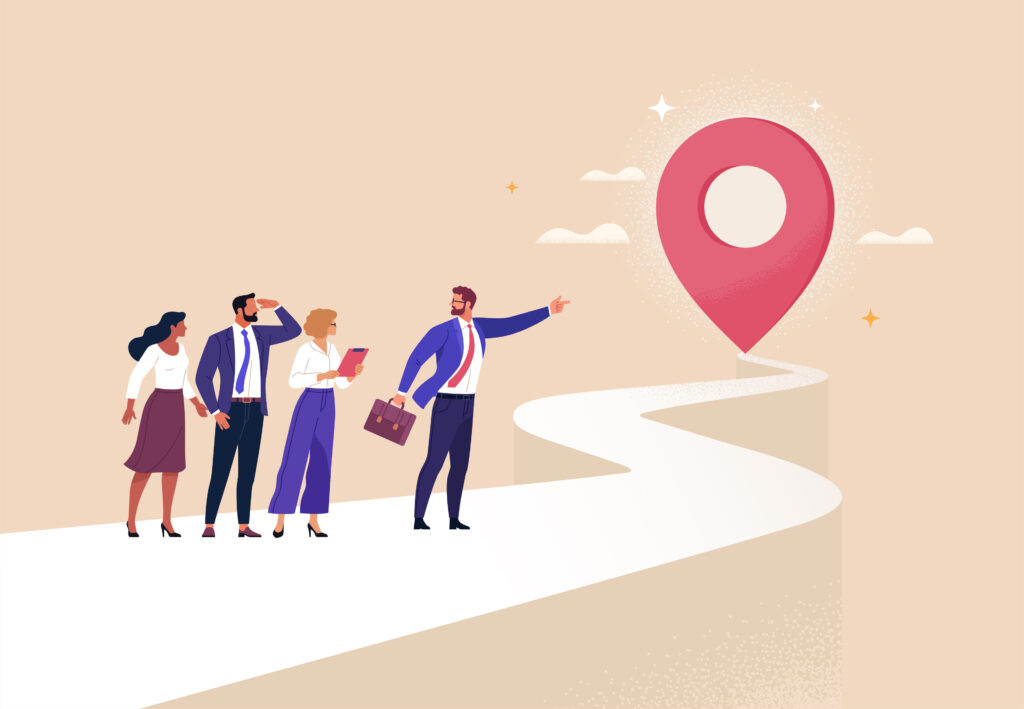 Illustration of professionals walking toward a location marker