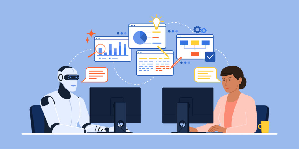 Illustration of a person and AI working at computers with data dashboards